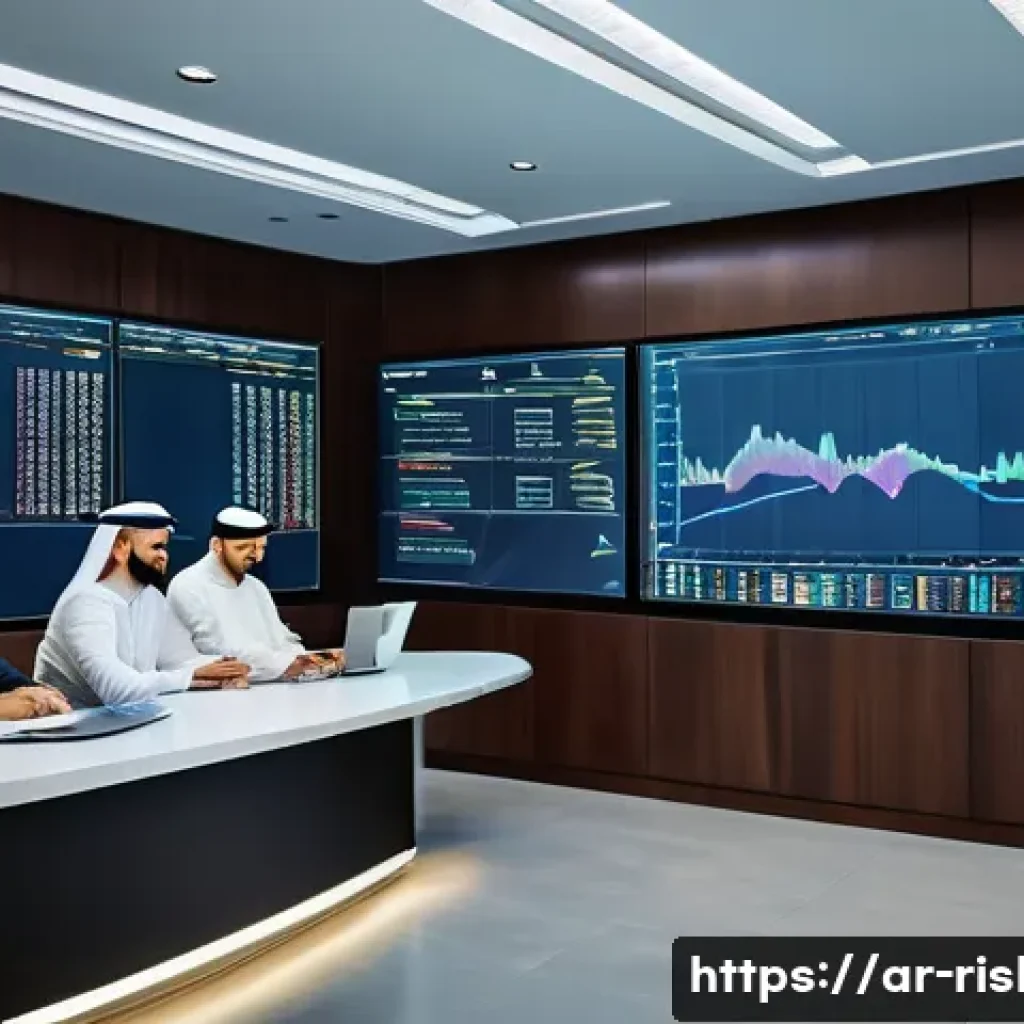 위험관리 실무에서 데이터 분석의 역할 - A modern Middle Eastern business control room with diverse professionals analyzing large interactive...