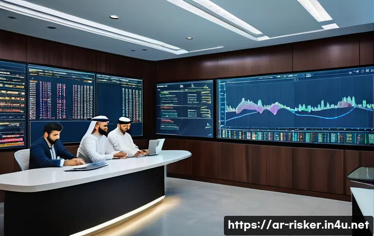 위험관리 실무에서 데이터 분석의 역할 - A modern Middle Eastern business control room with diverse professionals analyzing large interactive...