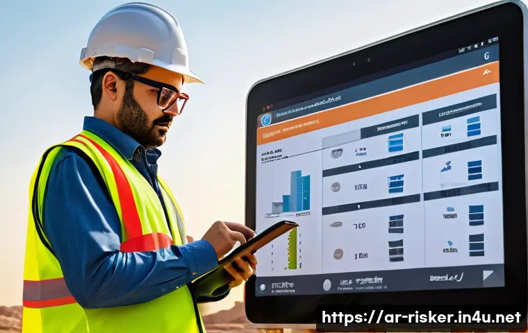 위험관리기술자와 건설안전의 공통점과 차이점 - A detailed scene of a risk management engineer at a construction site in the Middle East, wearing sa...