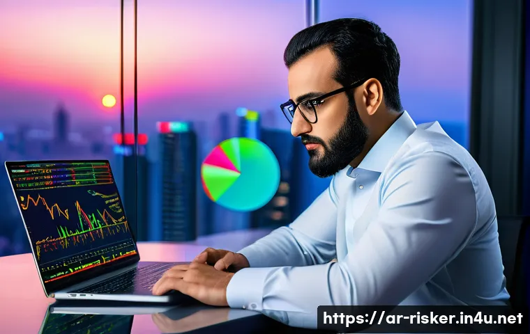 위험관리기술자의 자기계발 방법 - A professional Arabic man in a modern office setting, deeply focused on a laptop screen displaying c...