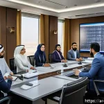 위험관리 실무자 대상의 컨설팅 사례 - A modern corporate office setting in Riyadh, Saudi Arabia, with a diverse team of Arabic professiona...