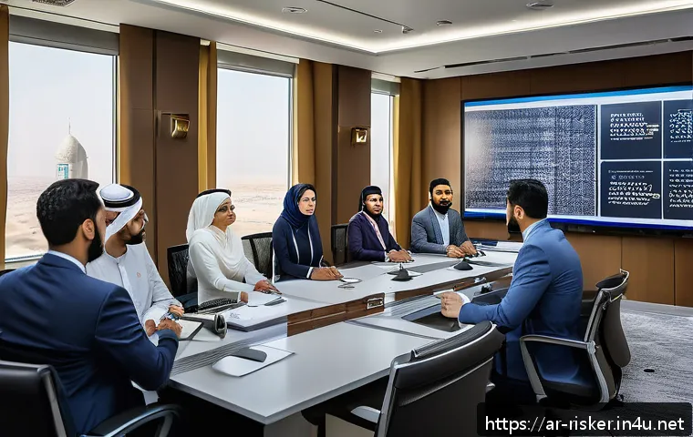 위험관리 실무자 대상의 컨설팅 사례 - A modern corporate office setting in Riyadh, Saudi Arabia, with a diverse team of Arabic professiona...