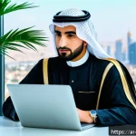 위험관리기술자의 경력관리 전략 - A professional Arab man in modern business attire using advanced digital risk management software on...