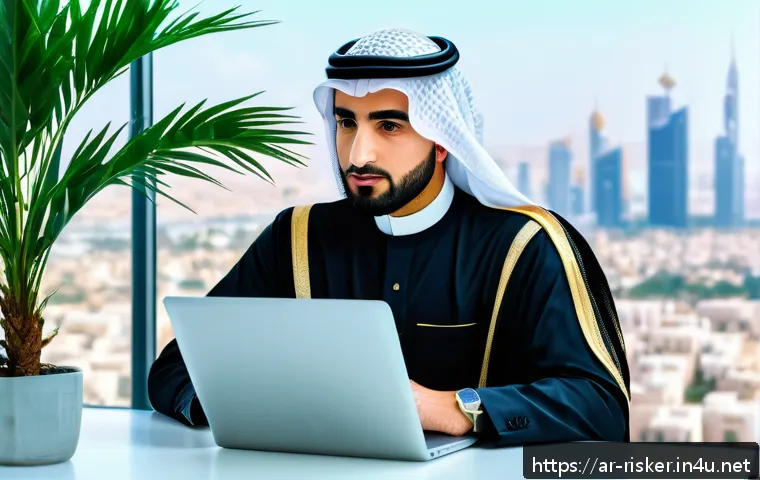 위험관리기술자의 경력관리 전략 - A professional Arab man in modern business attire using advanced digital risk management software on...