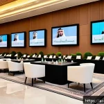 위험관리 관련 워크샵 및 컨퍼런스 참여 가이드 - A professional networking event set in a modern conference hall in Dubai, featuring a diverse group ...