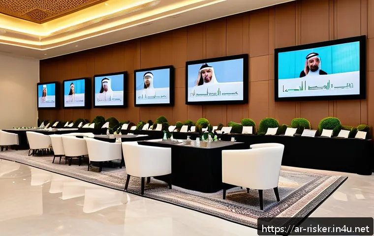 위험관리 관련 워크샵 및 컨퍼런스 참여 가이드 - A professional networking event set in a modern conference hall in Dubai, featuring a diverse group ...