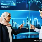 위험관리 관련 R D 트렌드 - A high-tech corporate office scene in a Middle Eastern city, featuring diverse Arabic professionals ...