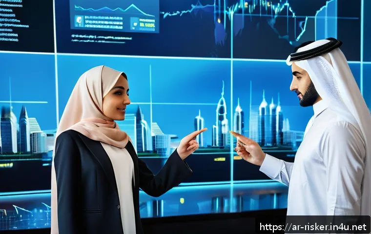 위험관리 관련 R D 트렌드 - A high-tech corporate office scene in a Middle Eastern city, featuring diverse Arabic professionals ...
